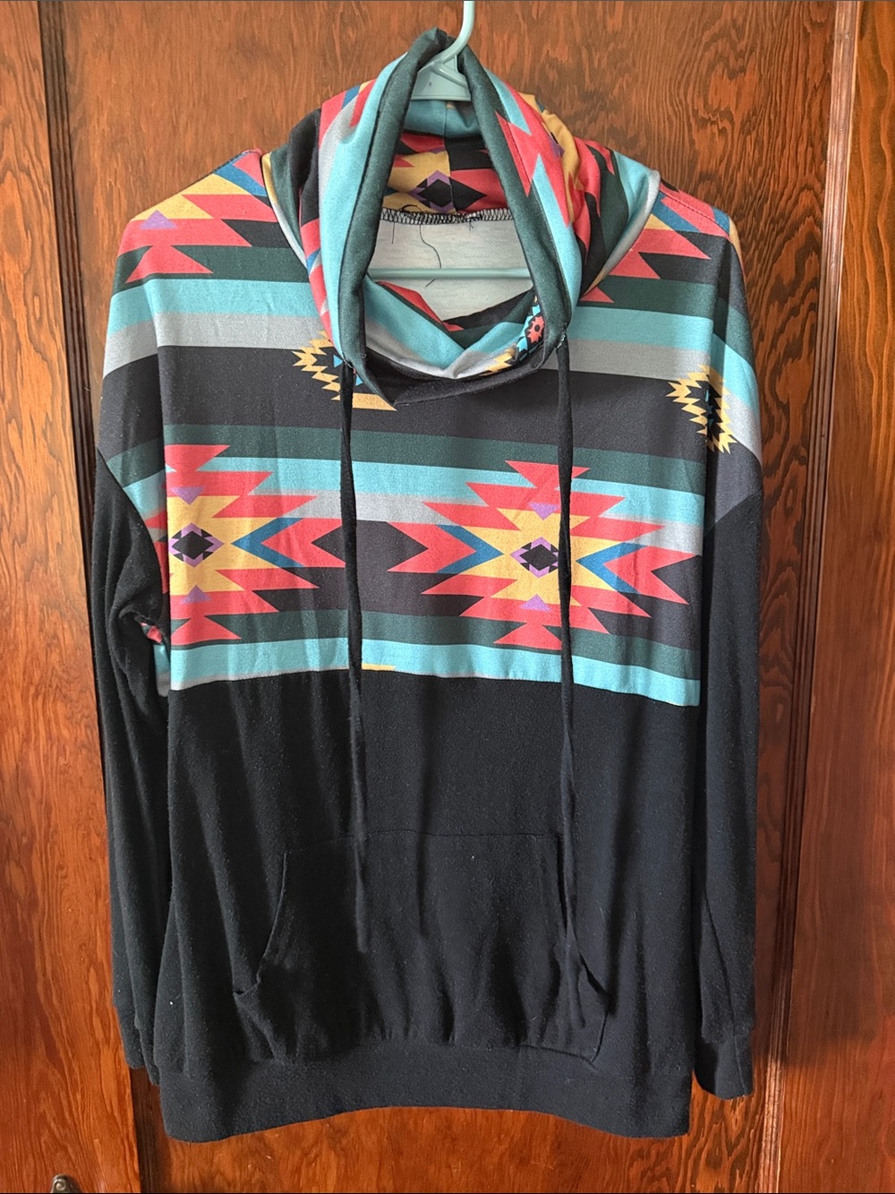 Women's Black Pullover Hoodie with Southwestern Stripe Pattern